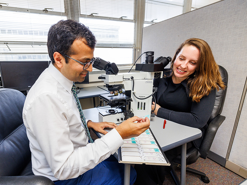 Dr. Masood Hassan, left, assistant professor of pathology and resident program director, looks at slides with Samantha Payton, left, a first-year resident in pathology.